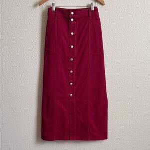 LOFT Denim Button-Front Midi Skirt | Burgundy Red | Size 12 | NWT